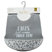 Wholesale - 2pc Gray "Girls Just Wanna Have Fun" & Leopard Skin Print Silicone Bibs Nicole Miller C/P 60, UPC: 195010085878